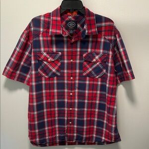 EUC- Men’s Size XL St. John's Bay Red Navy Plaid Button Down Short Sleeve Shirt